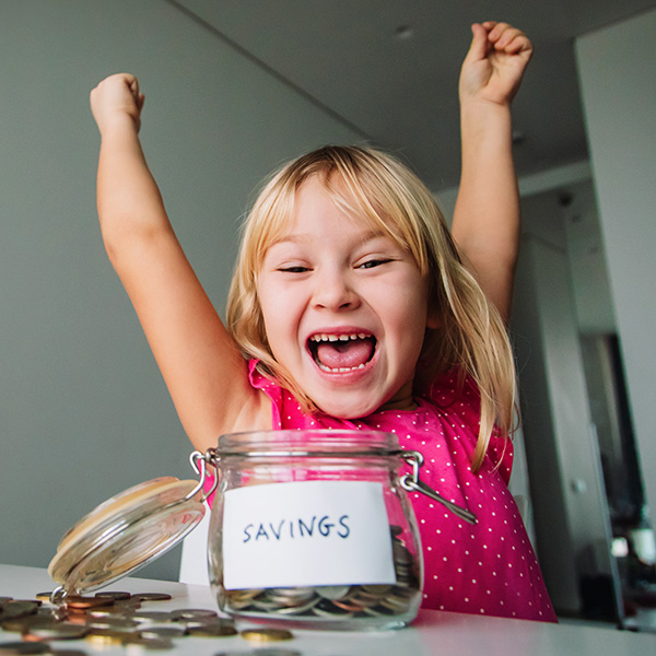 happy cute girl saving money, kid counting coins