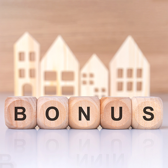 Wooden blocks spelling 'BONUS' with house cutouts, representing the concept of additional financial benefits in real estate or property transactions